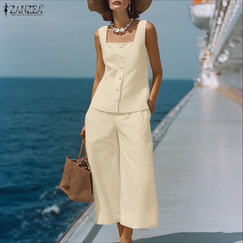ZANZEA Women Sleeveless Vest Tops and Cropped Pants Summer Two Piece Suit Sets