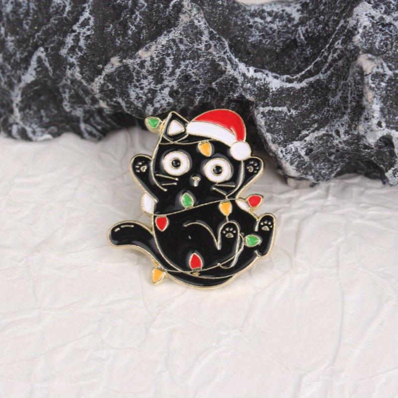 1pc Christmas-Themed Black Cat Enamel Pin with Santa Hat & Colorful Lights - Whimsical Festive Accessory for Outfits, Bags,Party