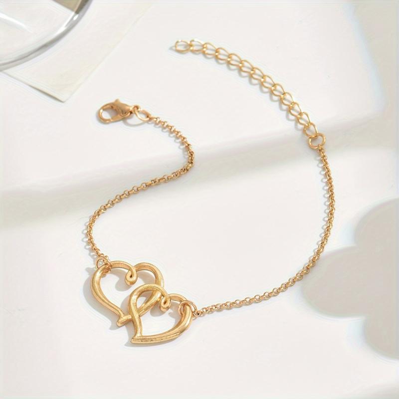 1PC Women's Retro Bohemian Double Heart Chain Ankle Bracelets, Simple and Elegant Design for Daily and Vacation Wear
