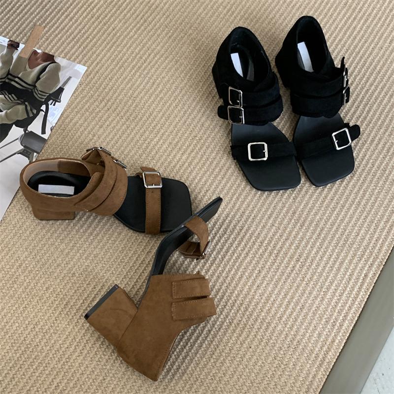 Fashion Eilyken Summer Square Toe Buckle Strap Sandals Women Fashion Chunky Heels Banquet Ladies Shoes Zapatos Mujer