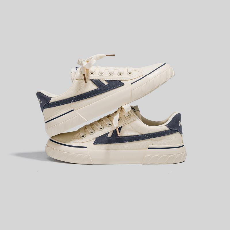 Warrior Trendy Versatile Retro Breathable Lightweight Low-Top Canvas Shoes Unisex sneaker Beige Dark-Blue WXY-B249MJ06