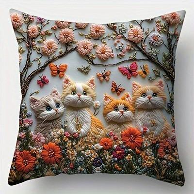 Cute Kittens Flowers With Butterflies Pillow Pattern Cushion Cover Suitable For Sofa Bedroom Car Pillow Cover