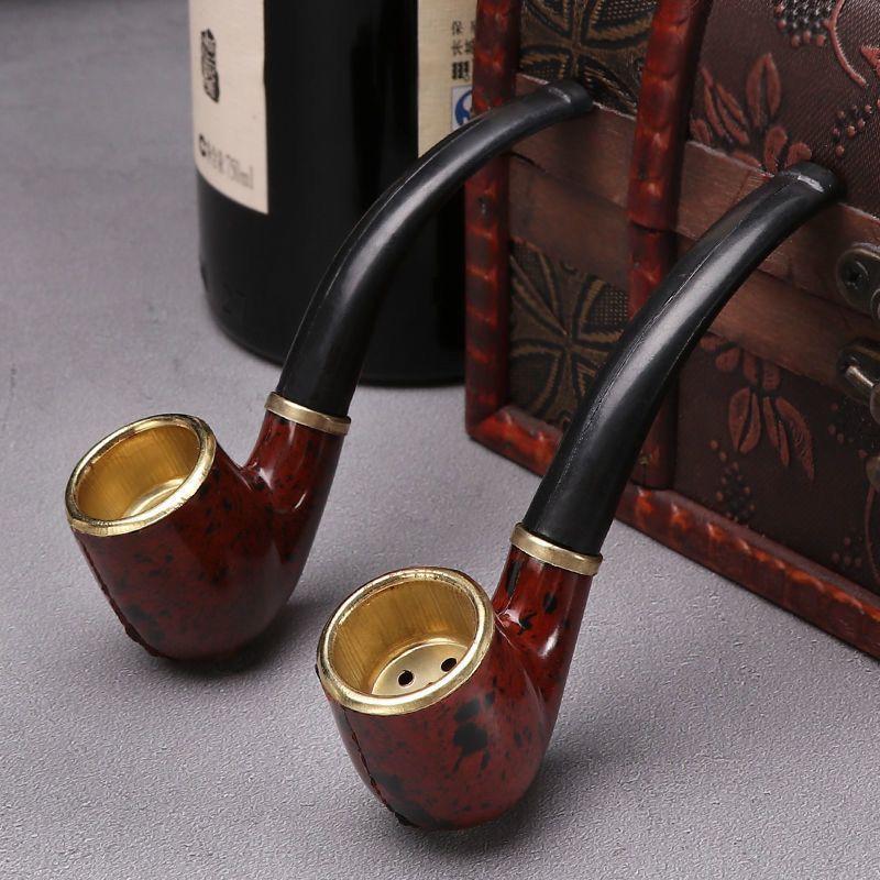 New Imitation Wood Pipe Men's Classic Resin Pipe Old-Fashioned Dry Pipe Portable Copper Pot Bent Cigarette Pipe