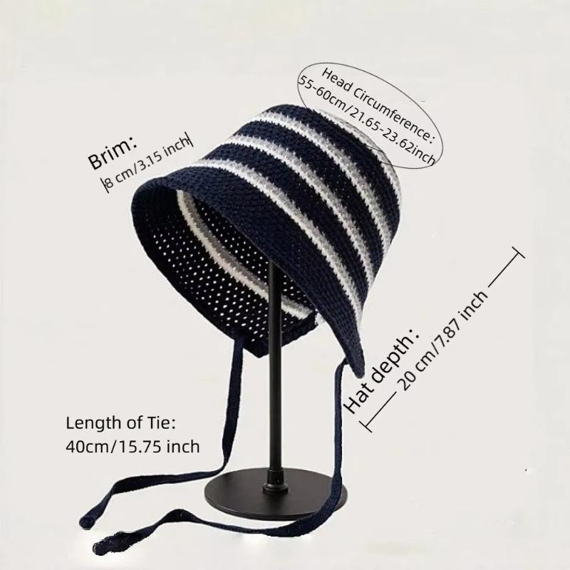 Summer Essential Striped Basin Hat with Knitted Hollow Out Design Foldable for Beach Sunshade