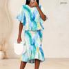 Women Plus Size Round Neck Batwing Short Sleeve Blue Green Printed Ruffle Hem Top Fishtail Skirt Two Piece Set