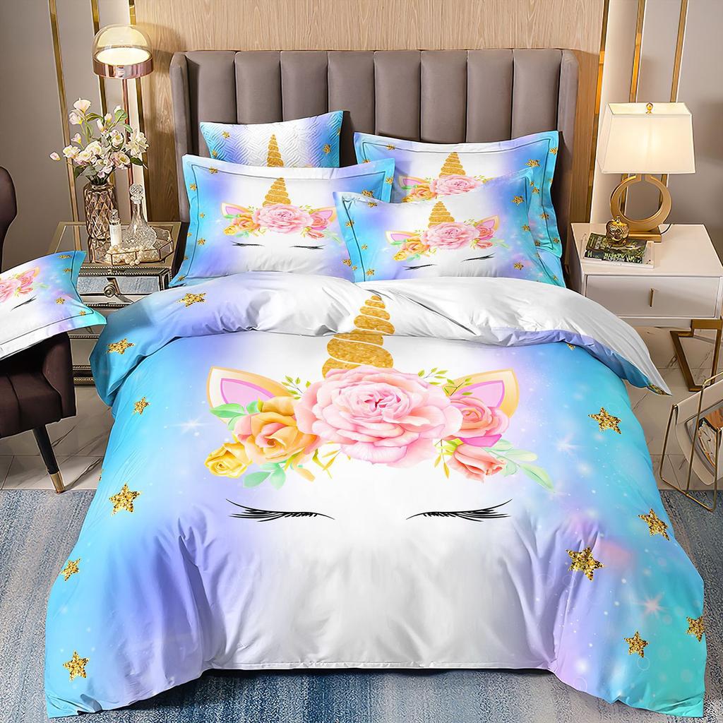 Cartoon Animation Bedding 3D Digital Printing Animal Plaid Unicorn Quilt Cover Three-Piece Set