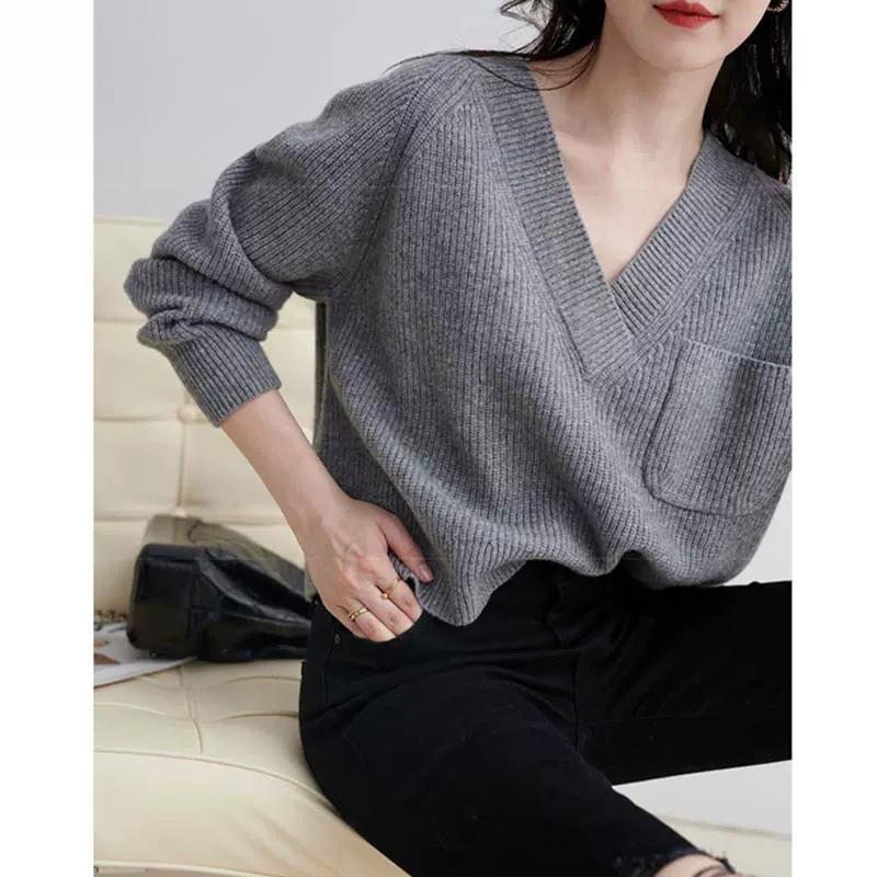 

Осенне-зимний красный женский ретро-темпераментный модный топ универсальный короткий дизайн вязаный свитер One Size серый