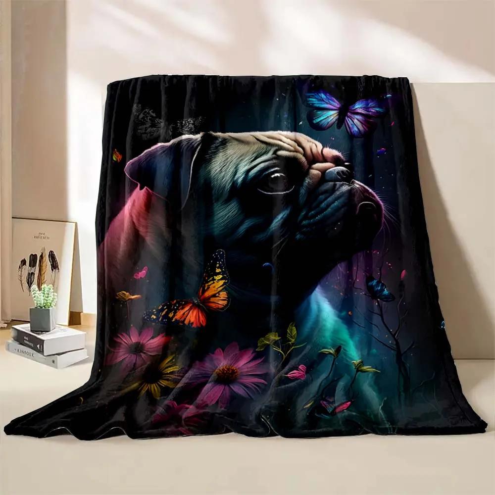 Cute Pet Dog Pug Print Throw Blanket Soft Cozy Flannel Blanket Lightweight Warm Bed Blanket for Couch Sofa Camping Office Travel