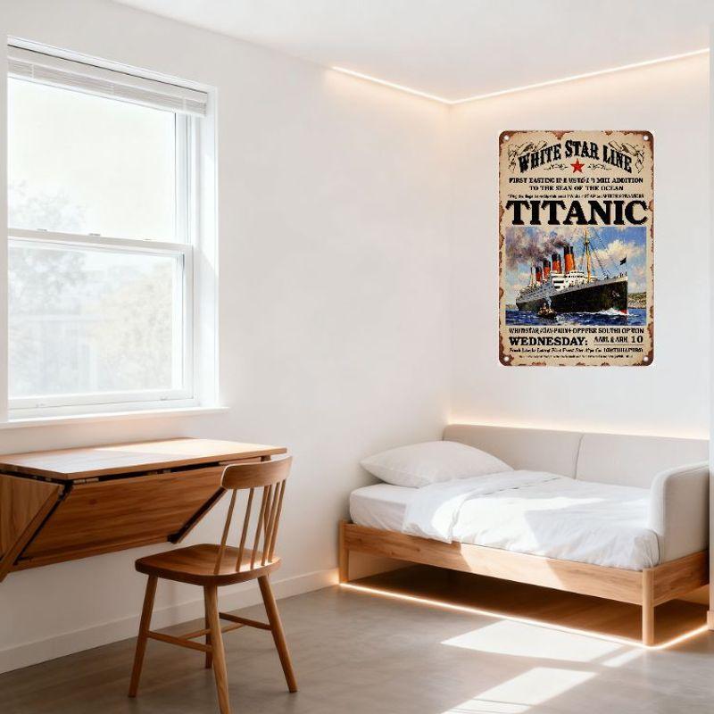 Vintage Biały Znak Blaszany Star Line Titanic, Retro Plakat Statku Oceanicznego dla Jaskini Mężczyzny, Baru, Kawiarni, Wystroju Domu, Postarzany Zniszczony