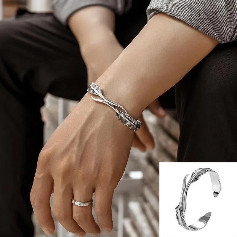 Fashionable Wings Feather Adjustable Cuff Bracelet for Men Trendy Open Design Lucky Jewelry Gift
