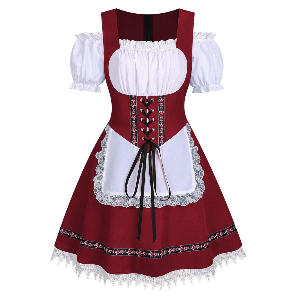 Women Oktoberfest Dirndl Dress Bavarian Beer Maid Costume Off Shoulder Puff Sleeve Lace Apron Dress For Halloween
