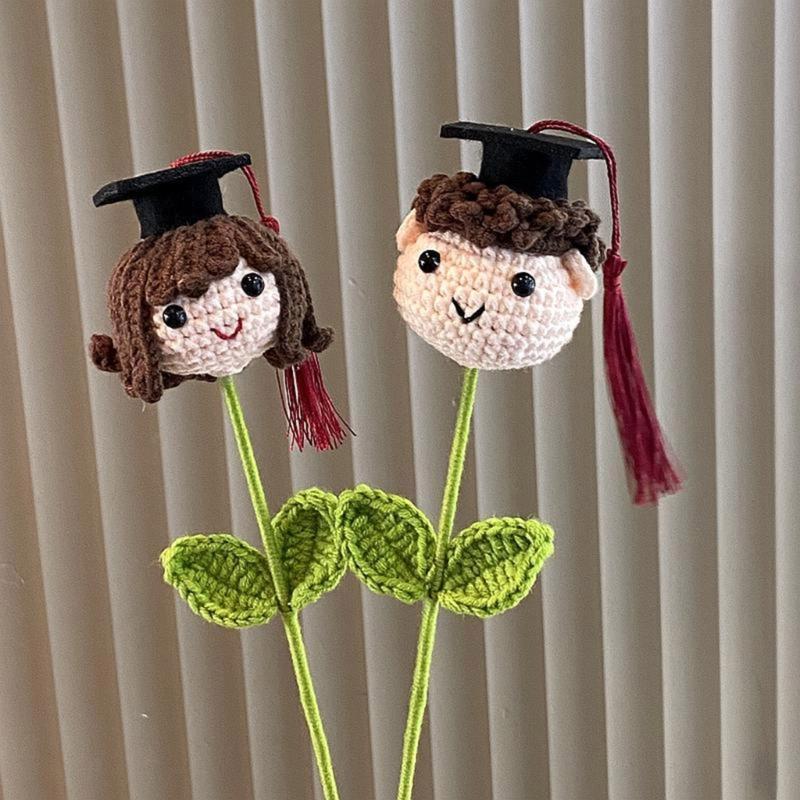 Soft Yarn Crochet Boy/Girl/Dog Flower Bouquet with Graduation Hat Academic Achievement Gift for Students and Teachers