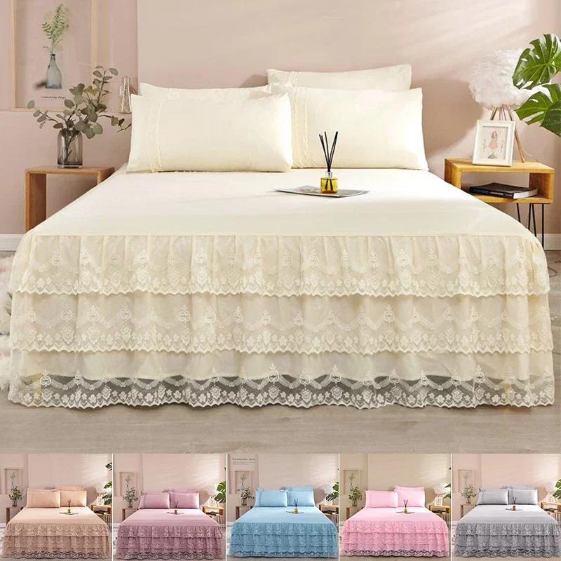 Princesa Renda Estilo Europeu Três Camadas Cor Sólida Renda Saia de Cama Colcha Ruffle Colchão de Cama Antiderrapante Saia de Cama Fronha