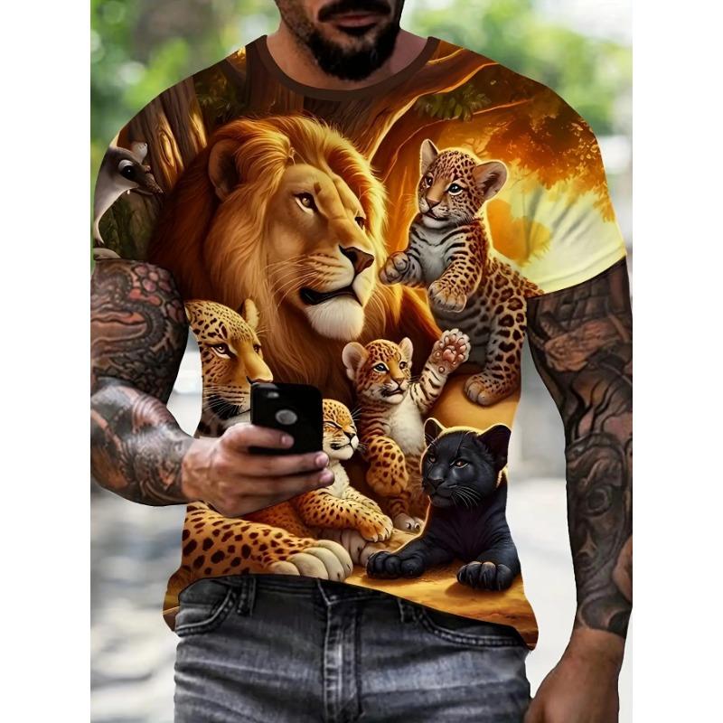 3D Jungle Animals Printed T-Shirt for Men Cool King Lion and Cheetah Cubs Graphic Short Sleeve Tees Trendy Summer Round Neck Streetwear Clothing