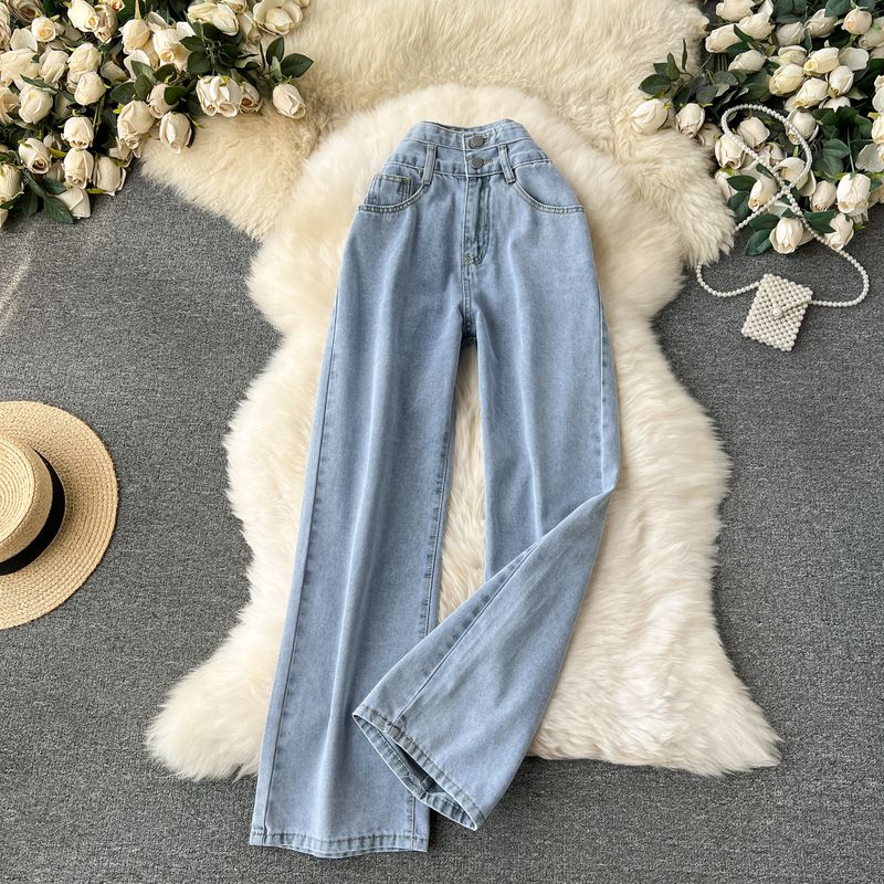 

High Waist Spring Wear Korean Wear Wear Distressed Straight-leg Denim Light blue XS