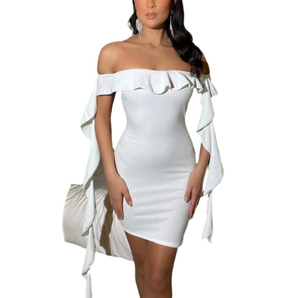 Popular One-word Collar Off-the-shoulder Women's Clothing, Streamer Hip Skirt, European and American Women's Clothing Fashion Pleated Slim Dress