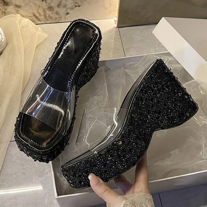 Eilyken New Summer Design Sequin Cloth Platform Wedges Slippers Women Street Style PVC Transparent Heels Banquet Shoes