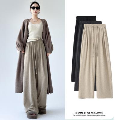 Autumn Winter Thick Warm Woman Wide Leg Pants Fashion New Loose High Waist Hanging Feeling Pocket Tie Casual Straight Pants