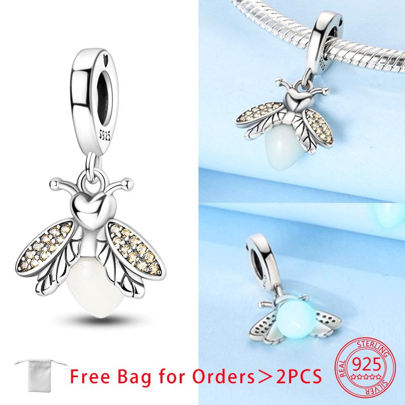 Original Copper Luminous Firefly Purple Zircon Firefly Heart-Love Charms Beads Pendant Fit Bracelet For Women Diy Gift