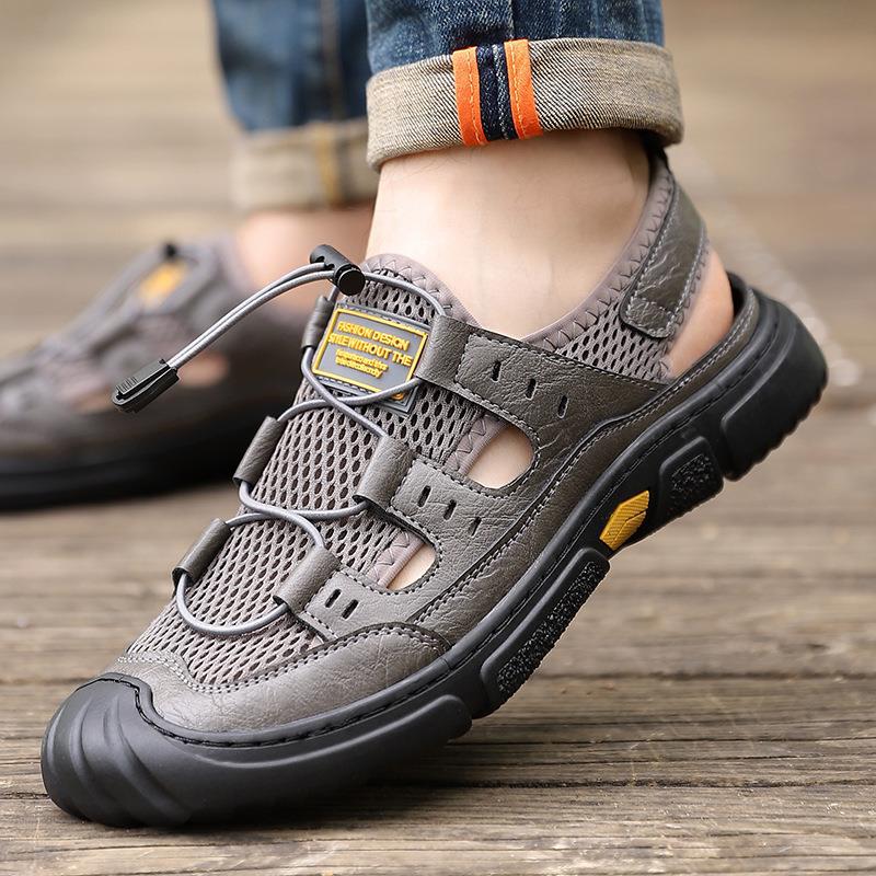 Baotou Sandalen Herren Sommer Herren Atmungsaktives Hohlnetz Herrenschuhe Outdoor Weiche Sohle Rutschfest und Abriebfest Lässige Strandschuhe