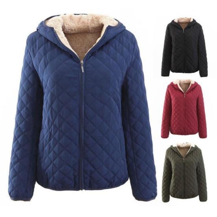 Women Hooded Jacket Cotton Quilted Coat Casual Loose Fit Long Sleeves Zipper Pocket Warm Solid Color Outwear for Ladies Autumn Winter