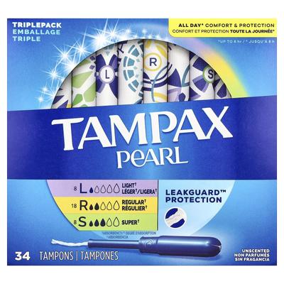 Pearl Tampons, Dreierpack, Light/Regular/Super, ohne Duft, 34 Tampons