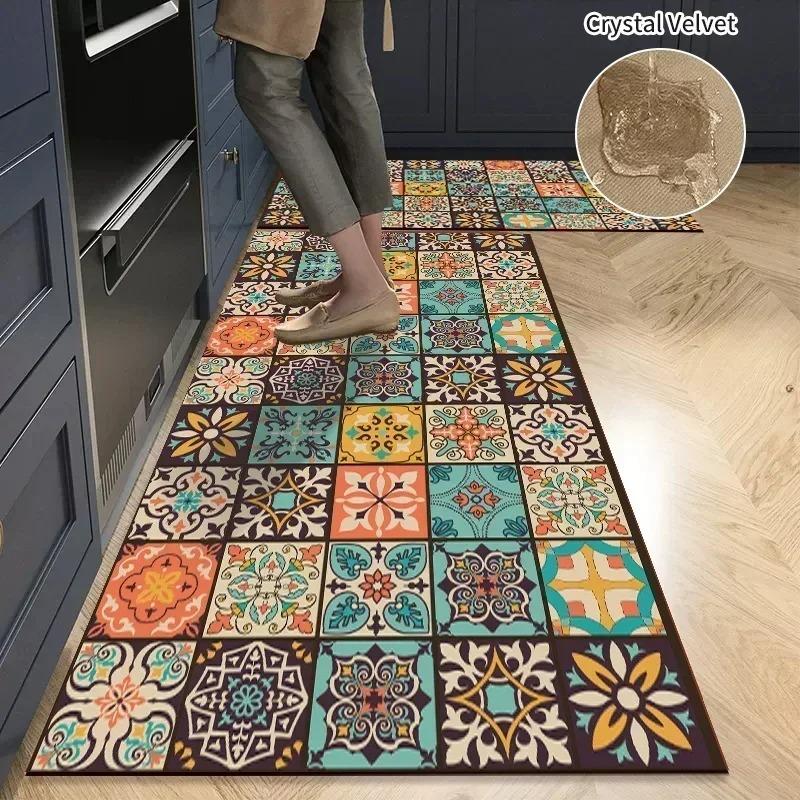 Non-slip PVC Kitchen Floor Mat Waterproof Oil-proof Leather Rug American Retro Home Decoration Long Foot Mats
