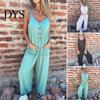 Suspenders Jumpsuit Summer Women V Neck Sleeveless Loose Wide Leg Button Decor Pure Color Deep Crotch with Side Pockets Casual Vacation Homewear