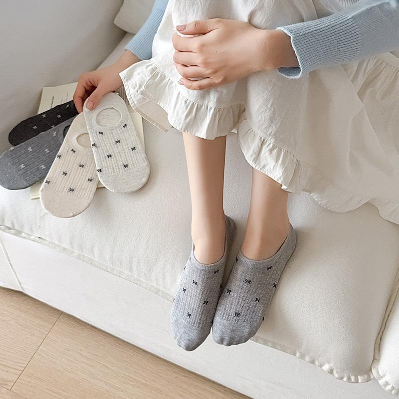 Summer Thin Socks, Women's Bow Tie Sweet Women's Boat Socks, Silicone Anti-slip, Sweat-absorbing, Breathable Boneless Socks
