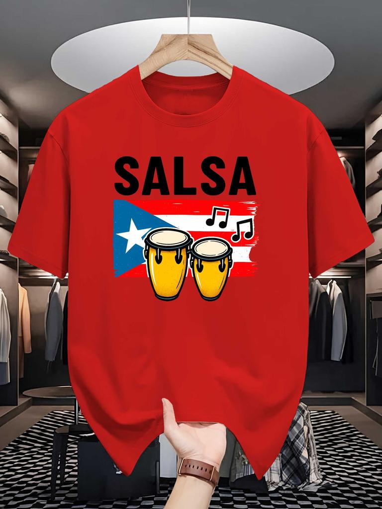 Unisex Crew Neck Tee Salsa Drum Puerto Rico Flag Music Note Print Soft Cotton Loose Short Sleeve Summer Casual Male Streetwear Tops