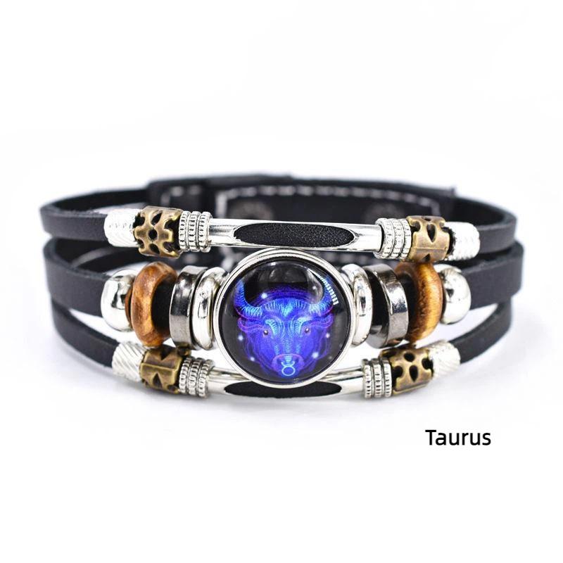 Dwunastu Konstelacji Lśniąca Ręcznie Robiona Skórzana Bransoletka Retro Wielowarstwowa Bransoletka z Koralików Biżuteria Prezenty Dla Mężczyzn Kobiet Par Taurus black