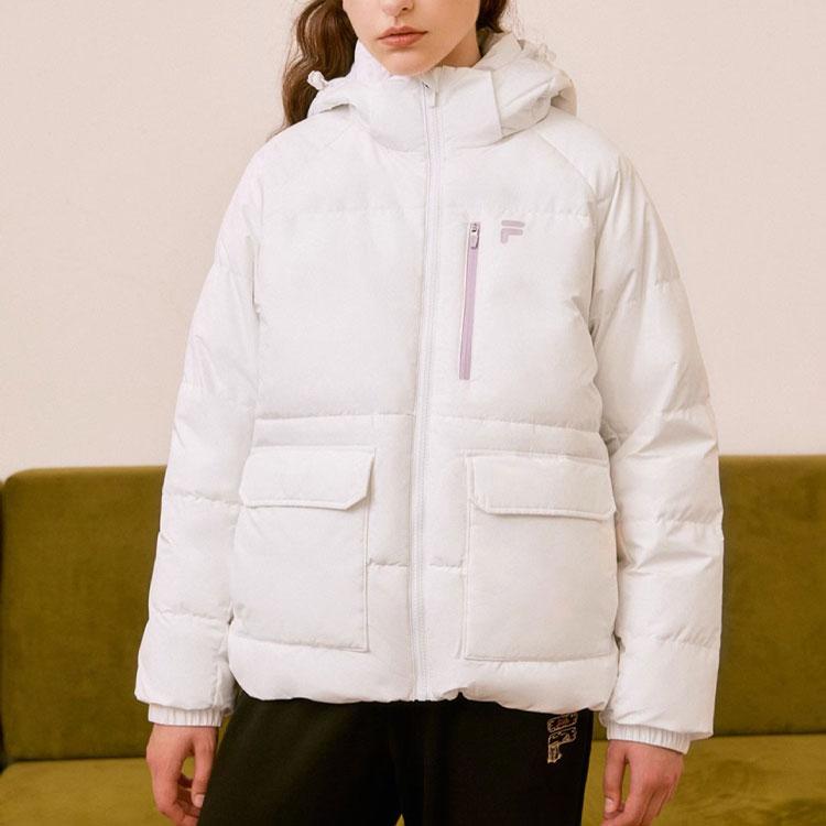 Fila Fusion Letter Zipper Hooded Long Sleeve Windproof Warm Down Jacket Women Outerwear Standard-White T11W316904FWT