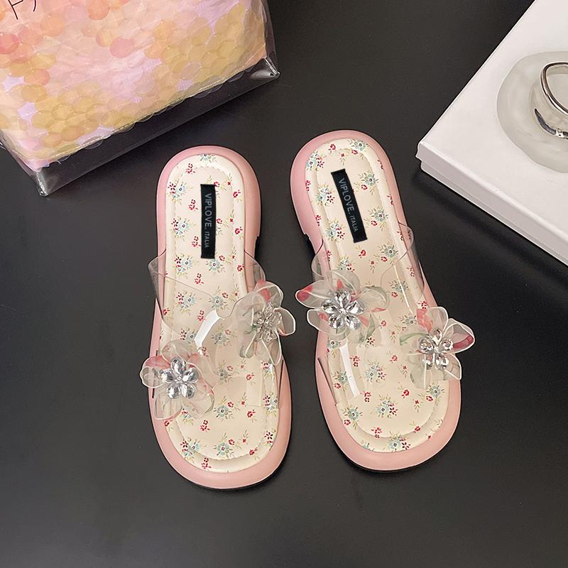 Summer Block Heel Flip Flops Summer New Round Head Sequin Flower Open Toe Soft Bottom Non-Slip Cool Mopping