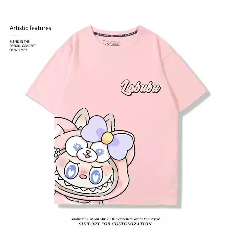 Labubu pink printed T-shirt anime short-sleeved top unisex fashion casual