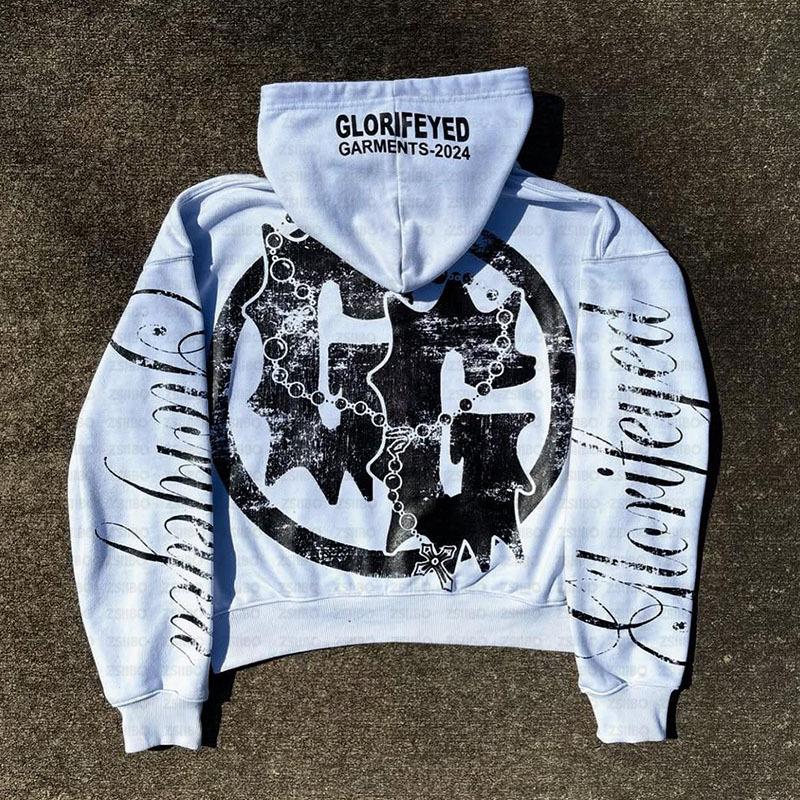 Y2K Letter Pattern Zipper Print Autumn Long Sleeved Retro Street Hoodie