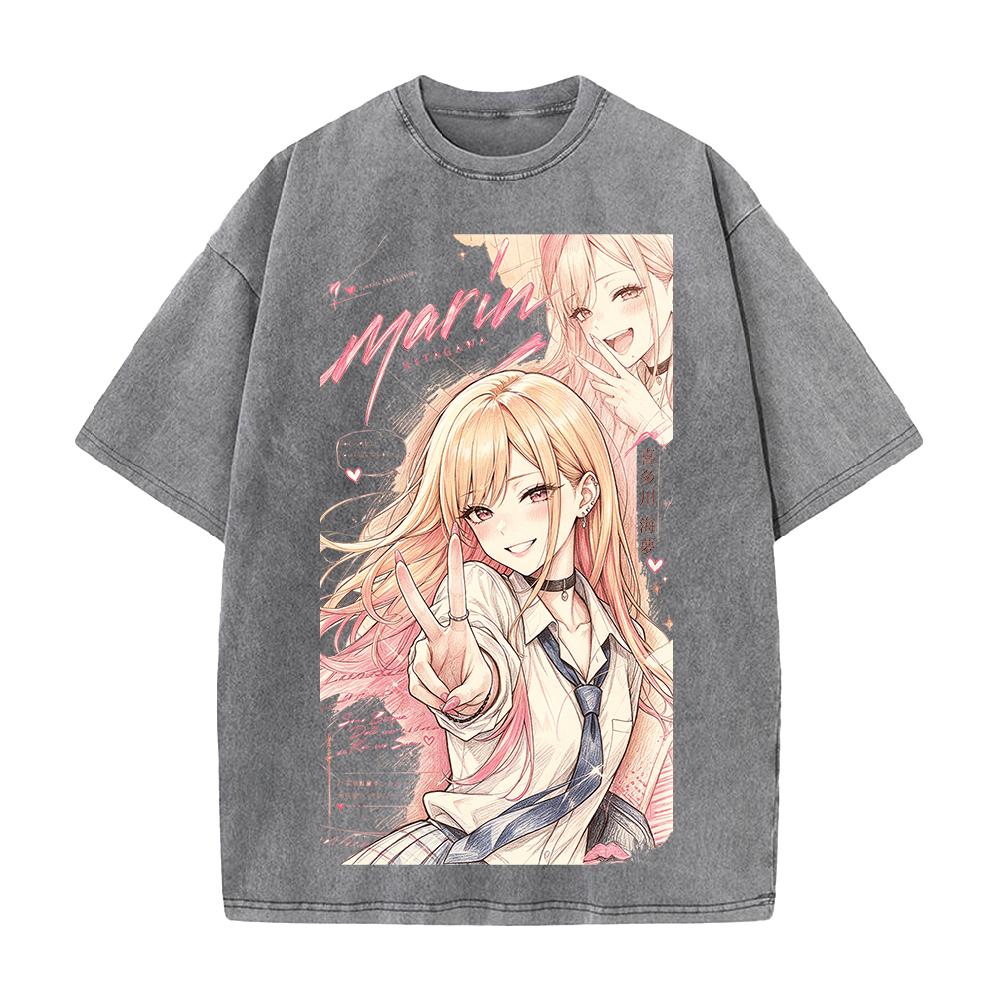 Anime My Dress Up Darling Kitagawa Marin Printed Tee Men Women Short Sleeve Cotton Tshirts Washed Clothing Vintage Streetwear