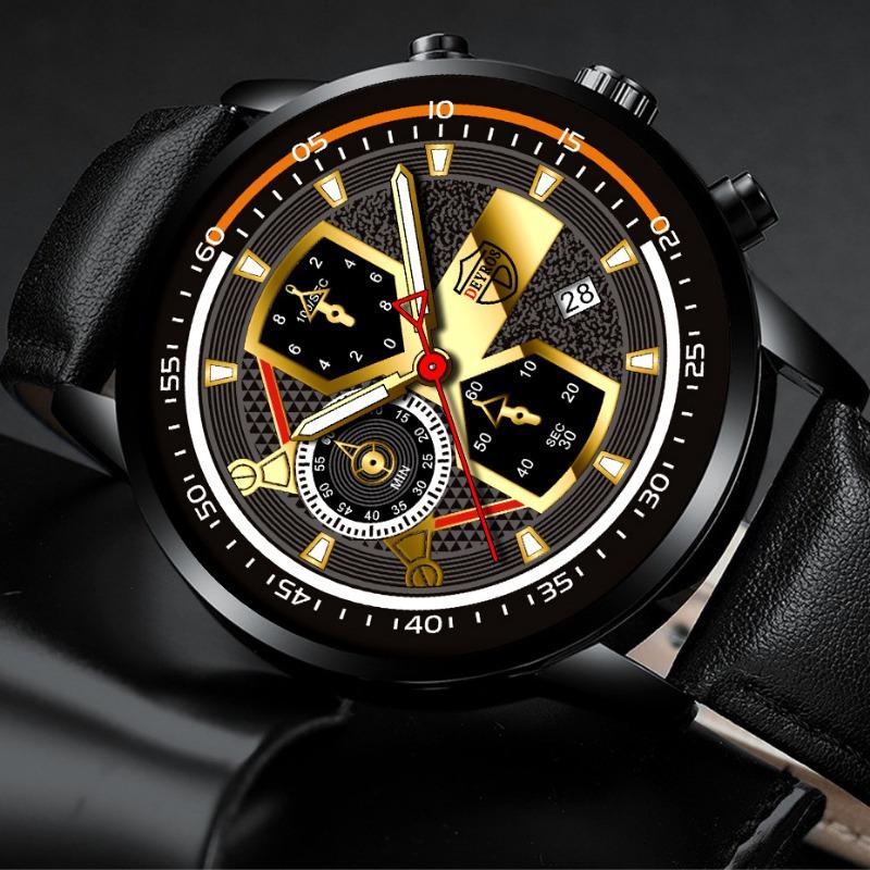 2PCS Set DEYROS Luxury Men's Watch Luxury Men's Leather Strap Calendar Watch Casual Men's Quartz Watch&Bracelet Father's Day Gift