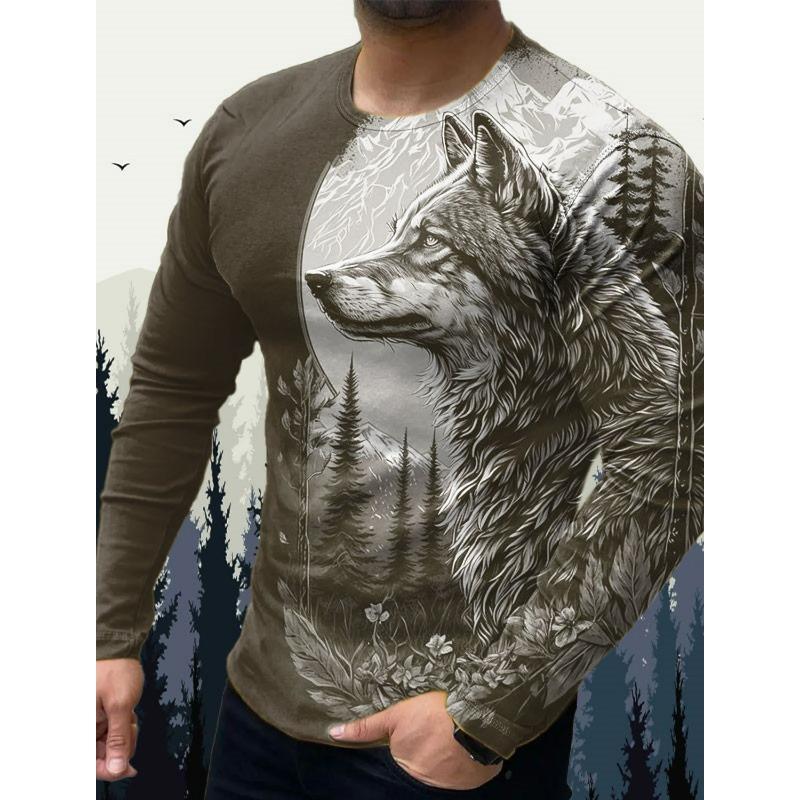 Men's T Shirts Vintage Animal Wolf Long Sleeve Tops Autumn Sweatshirt Graphic Casual Hip Hop Fashion Clothing O-neck T-shirts