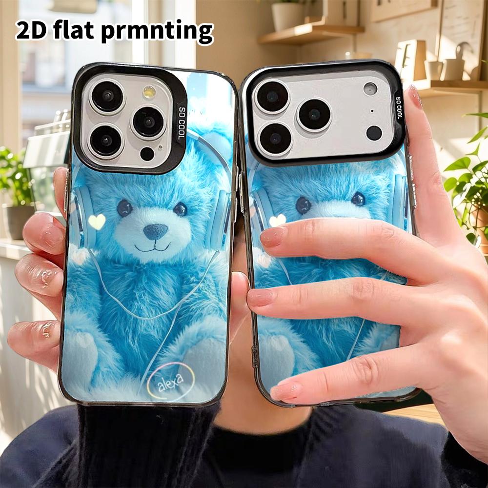 Phone Case: 2D Flat Design Suitable for iPhone 18, 17, 16, 15, 14, 13 Pro, Color Silver Protective Case, Couple Style, Blue Bear, Christmas and Hallow