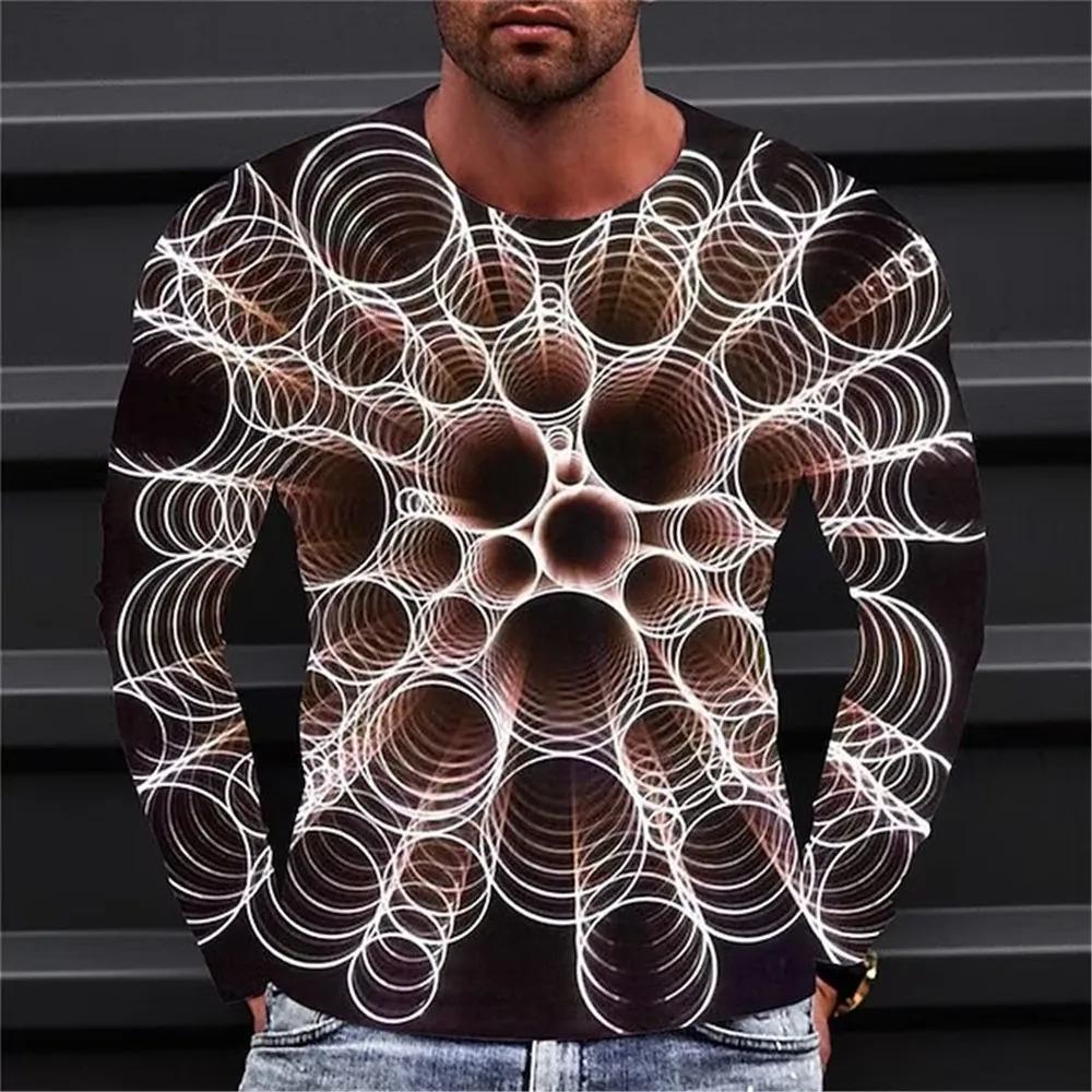 Fashionable Men's Printed T-shirt Optical Illusion Round Neck Long Sleeved Street Harajuku Exaggerated Designer Round Neck Top
