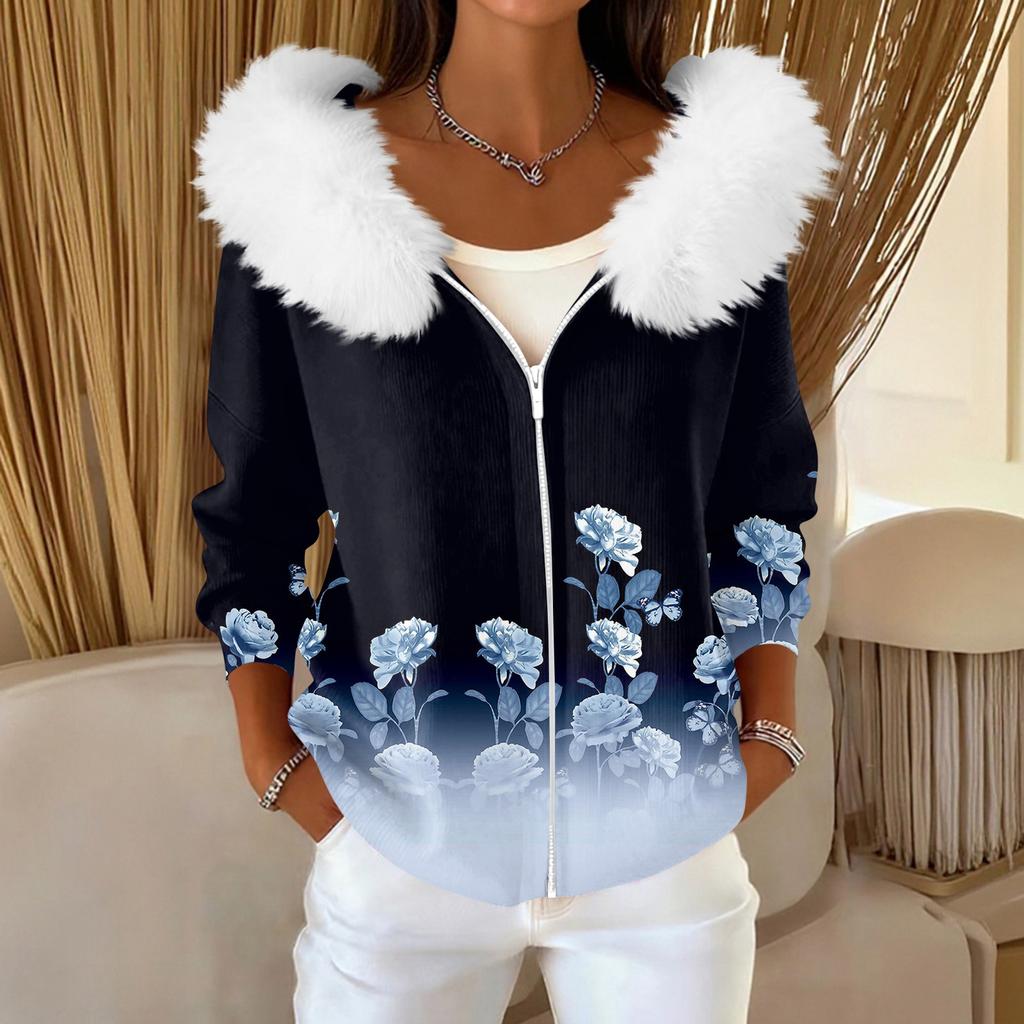 Pulover Casual de Damă la Modă cu Fermoar, Cardigan cu Imprimeu, Jachetă cu Glugă Plușată