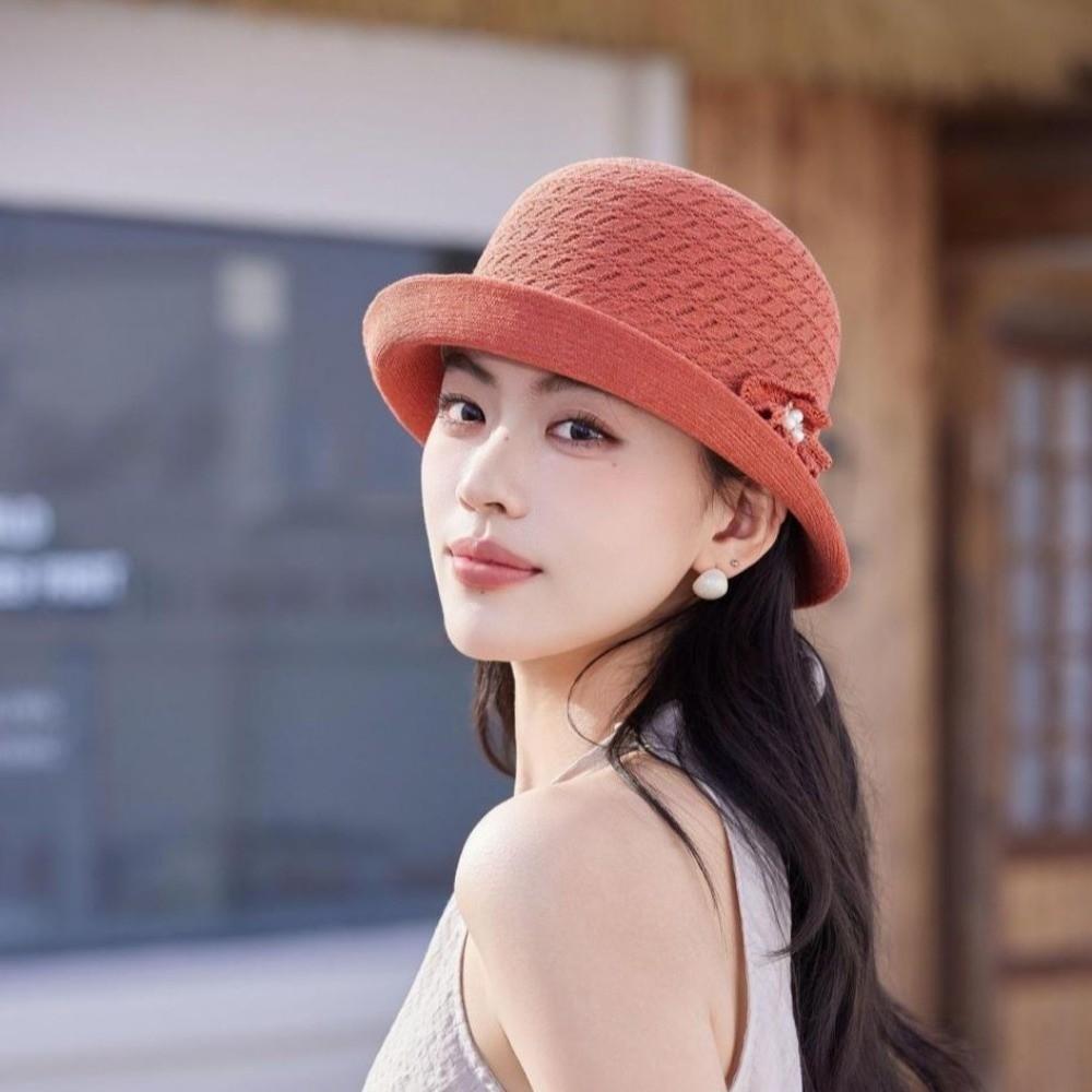 High-End Hepburn-Style Round-Top Sun Hat Polyester Pearl Middle-aged Mother Hat Sun-Shielding Comfortable Bucket Hat Vacation