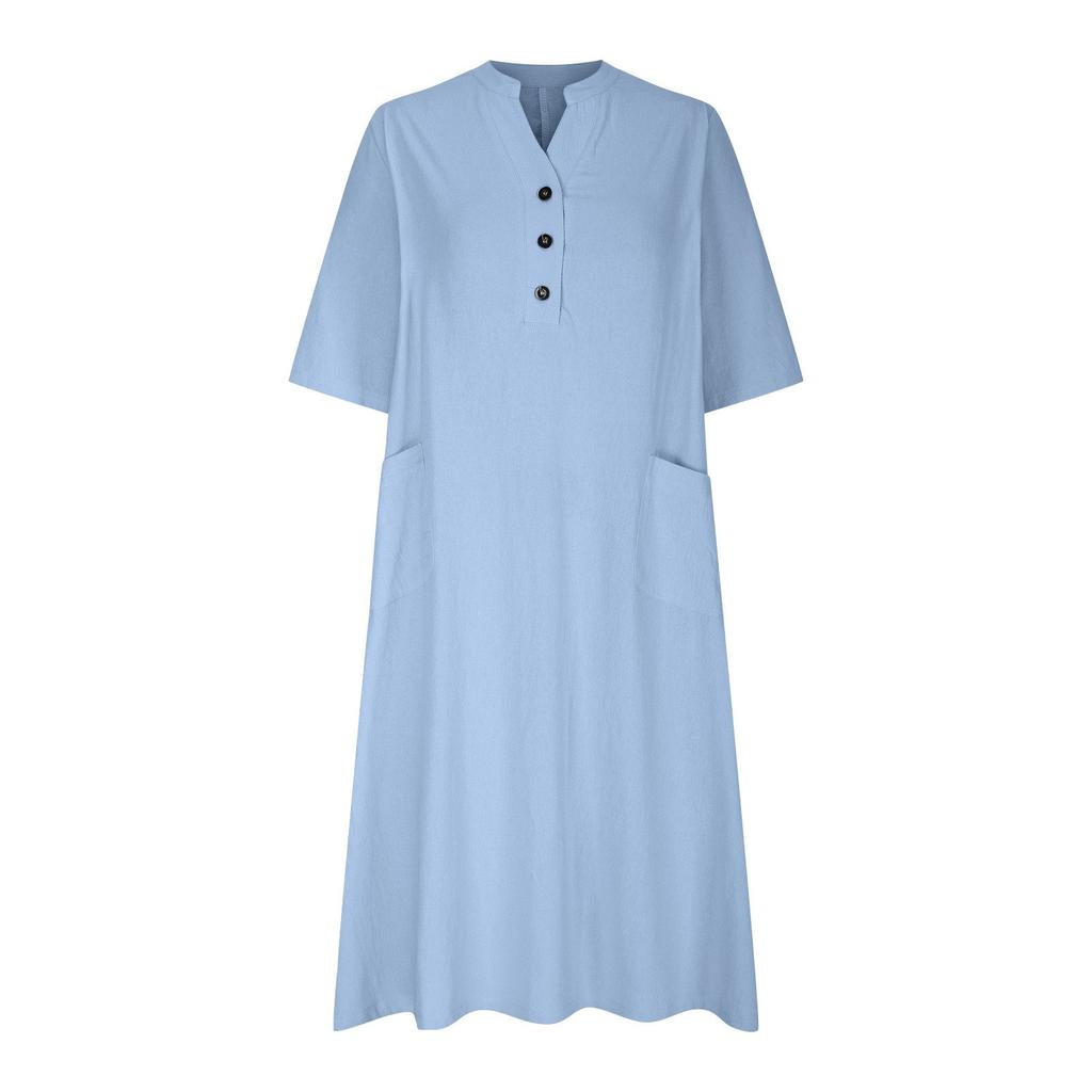 LYRIA Solid Color Women's Dress Mid-length V-neck Half-sleeved Daily Wear Women Dress Pockets 5XL
