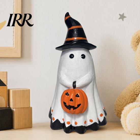 Outdoor Halloween Decoration Ghost Figurine, Cute Wearing Hat And Holding Holiday Vibes Decor Pumpkin Statue, Resin Ornament for Shelf Tabletop