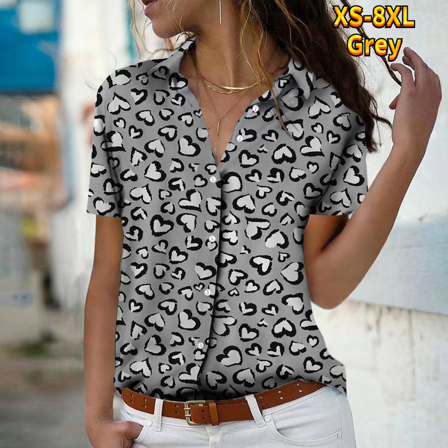 

2025 Лето Новая Мода Женская Рубашка Топ с Леопардовым Принтом, Коротким Рукавом, V-образным Вырезом, Повседневная, на Пуговицах 4XL серый