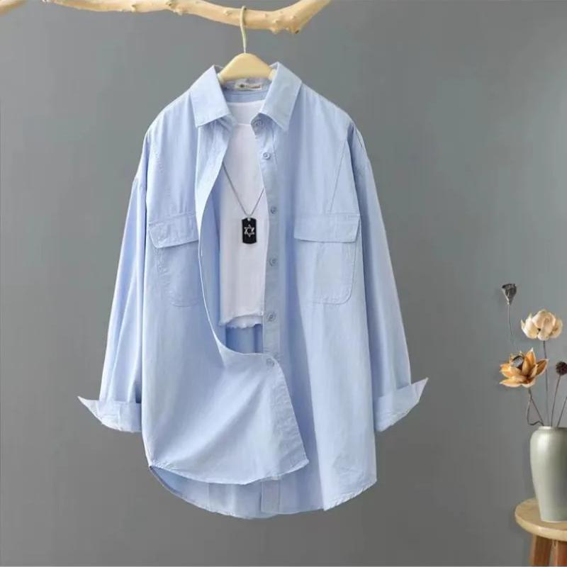 

Хлопковые осенние блузки для женщин, рубашки с длинными рукавами и передними карманами, элегантные женские роскошные дизайнерские зимние модные рубашки XXL синий