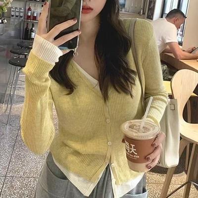 Gentle Wind V-neck Fake Two-piece Knitted Cardigan Women's Spring New Design Sense Niche Outside Chic Top
