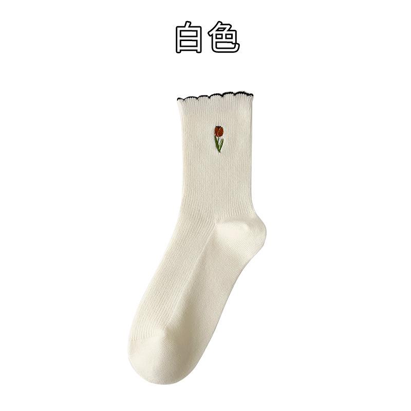 Socks, Women'S Double-Needle Cotton Socks, Medium Socks, Xiaohongshu Explosive Tulip Flower Socks, Embroidered Cotton Socks