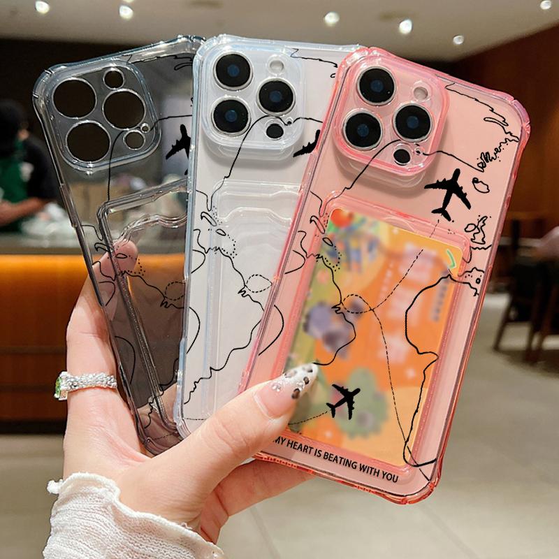 Shockproof Card Slot Silicone Soft Mobile Case For iPhone 16 Pro Max 15 Pro 14 13 12 11 Simple Aircraft Route Print Slim Clear Protection Phone Cover