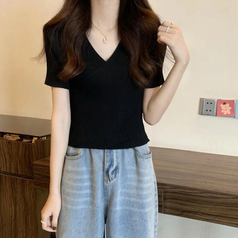 Sommer Unregelmäßigen Kreuz V-ausschnitt Kurzarm Strick Pullover Mädchen Mode Elegante Dünne Top